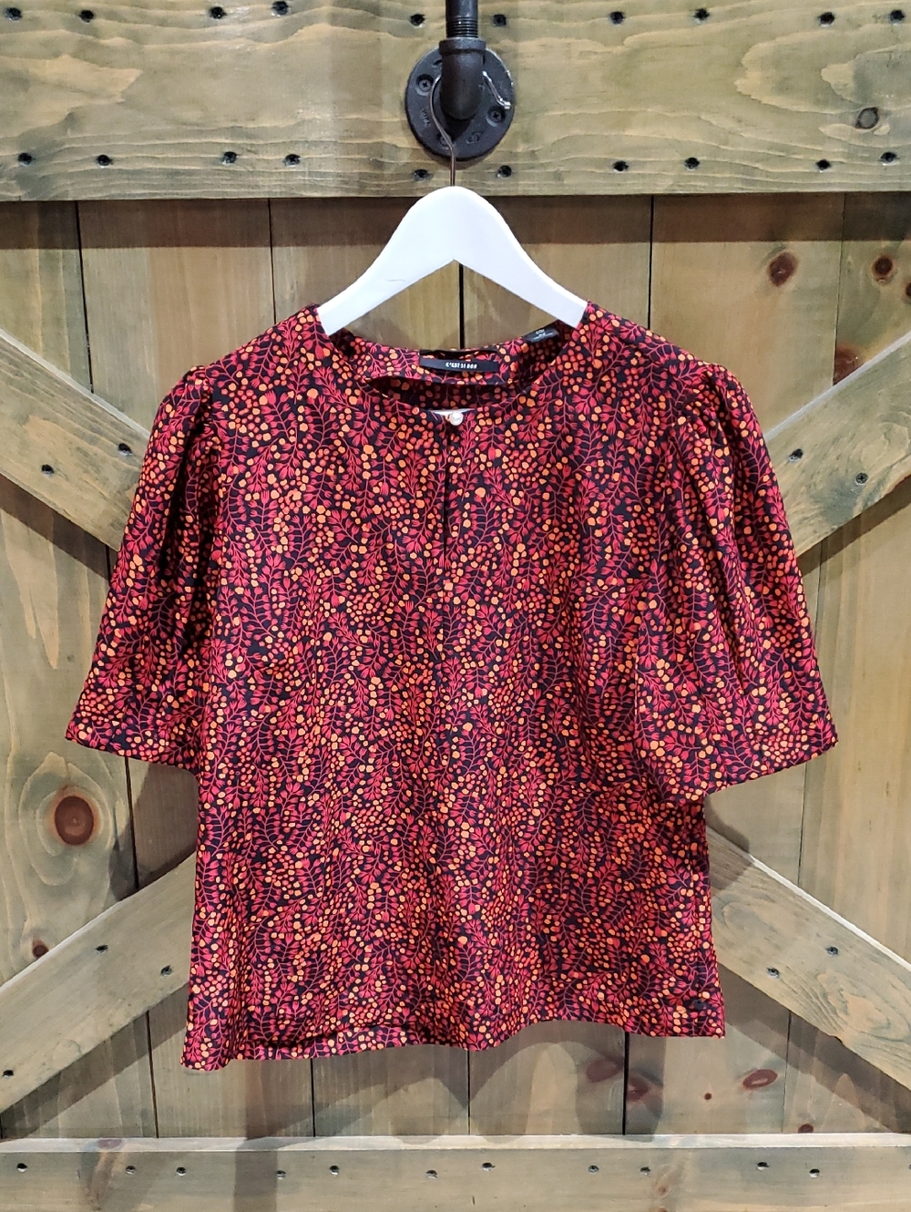 Scotch & Soda Red and Orange Floral Dot Puff-Sleeve Top